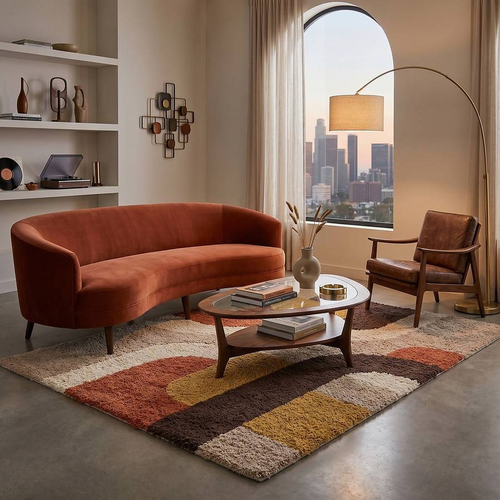 A hand tufted rug in a warm living room